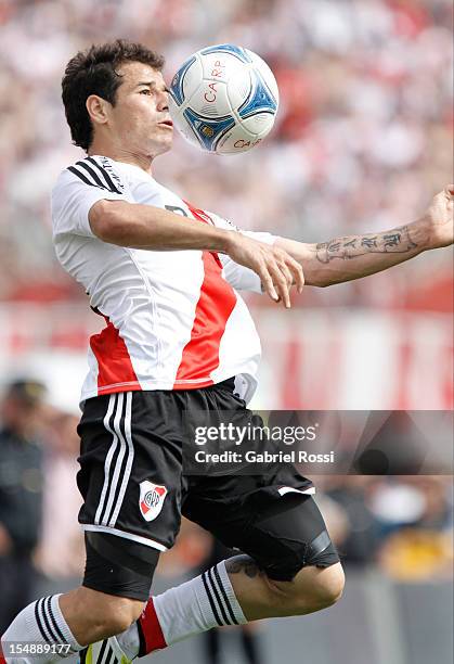 Mora of River Plate in action during a match between River Plate and Boca Juniors as part of the Torneo Inicial at the Estadio Vespusio Liberti on...