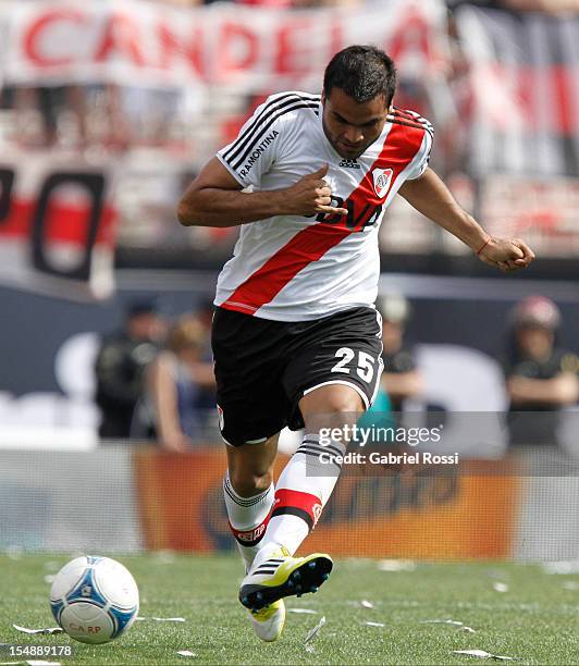 Mercado of River Plate in action during a match between River Plate and Boca Juniors as part of the Torneo Inicial at the Estadio Vespusio Liberti on...