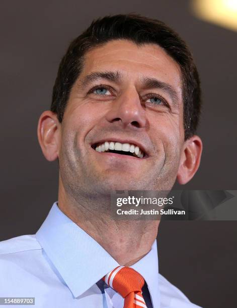 Republican vice presidential candidate U.S. Sen. Paul Ryan smiles during a campaign rally at the Marion County Fairgrounds on October 28, 2012 in...