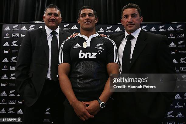 Head coach Jamie Joseph, captain Tanerau Latimer and assistant coach Daryl Gibson pose for a photo during the New Zealand Maori All Blacks Squad...