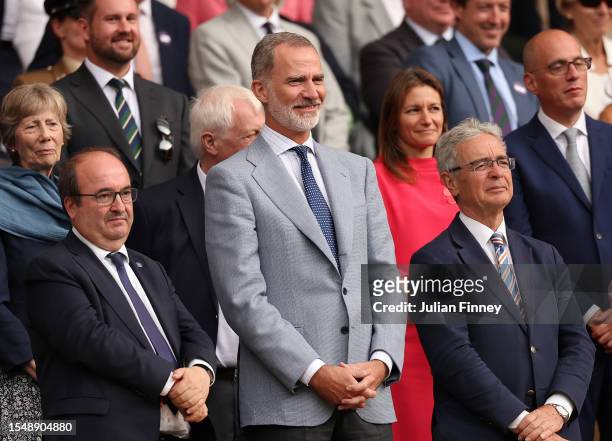 King Felipe VI of Spain is seen in the Royal Box during the Men's Singles Final between Novak Djokovic of Serbia and Carlos Alcaraz of Spain on day...