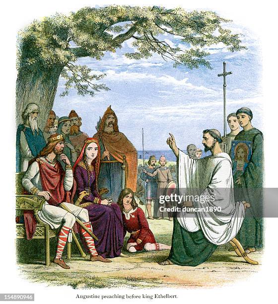 stockillustraties, clipart, cartoons en iconen met augustine preaching before king ethelbert - anglo saxon