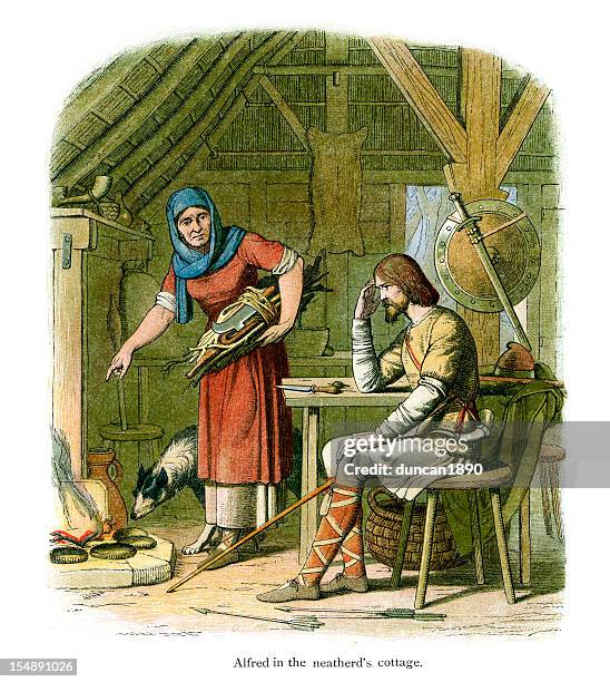king alfred in the neatherd's cottage - kings cake stock illustrations