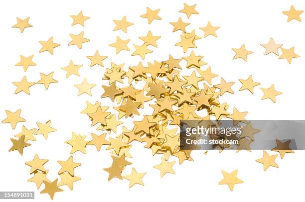 star shaped golden confetti on white - star confetti white background stockfoto's en -beelden