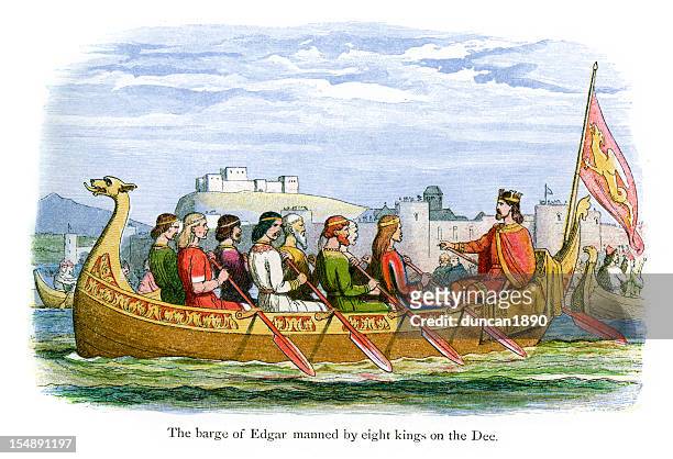 the barge of edgar manned by eight kings - anglo saxon stock illustrations