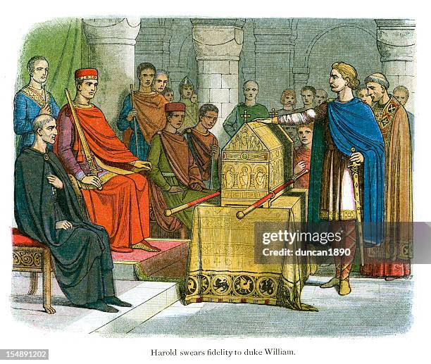 harold swears fidelity to duke william - pledge of allegiance stock illustrations