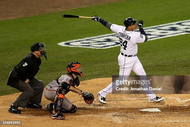 Miguel Cabrera of the Detroit Tigers hits a two run home run against Matt Cain of the San Francisco Giants in the third inning during Game Four of...