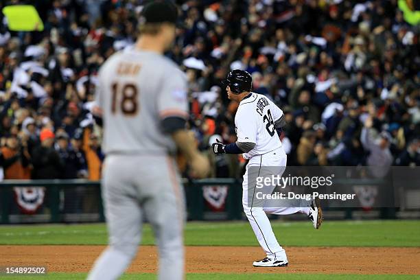 Miguel Cabrera of the Detroit Tigers rounds the bases after hitting a two run home run against Matt Cain of the San Francisco Giants in the third...