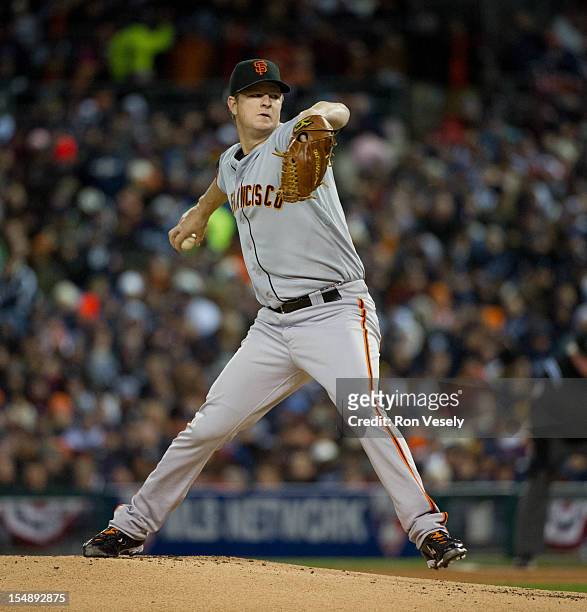 Matt Cain of the San Francisco Giants pitches during Game 4 of the 2012 World Series against the Detroit Tigers on Sunday, October 28, 2012 at...
