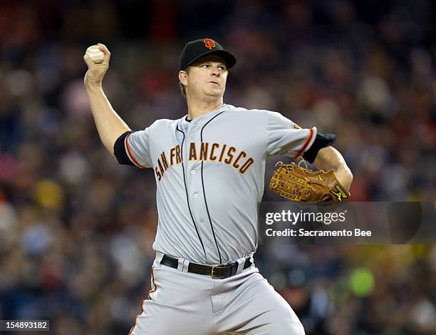 San Francisco Giants starting pitcher Matt Cain works against the Detroit Tigers in the first inning of Game 4 of the 2012 World Series at Comerica...