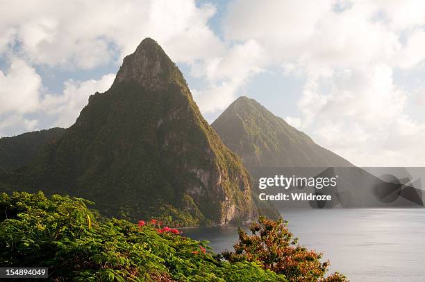 st. lucia's famous twin pitons - saint lucia caribbean stock pictures, royalty-free photos & images
