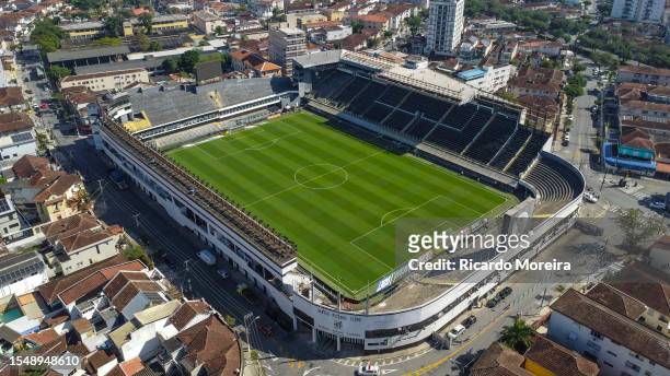 Aerial view of the Urbano Caldeira Stadium before the match between Santos and Botafogo as part of Brasileirao Series A 2023 on July 23, 2023 in...