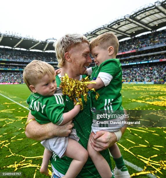 Dublin , Ireland - 23 July 2023; Cian Lynch of Limerick with nephews Ché, left, Seanie after the GAA Hurling All-Ireland Senior Championship final...