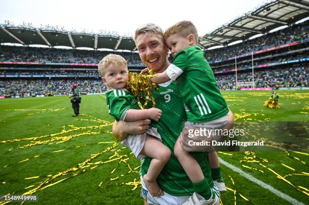 Dublin , Ireland - 23 July 2023; Cian Lynch of Limerick with nephews Ché, left, Seanie after the GAA Hurling All-Ireland Senior Championship final...