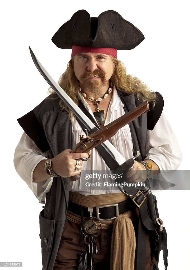 Pirate with Pistol and Sword, Close-up. White Background.