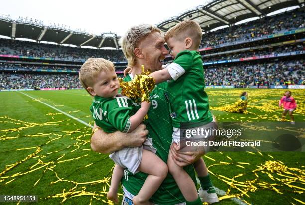 Dublin , Ireland - 23 July 2023; Cian Lynch of Limerick with nephews Ché, left, Seanie after the GAA Hurling All-Ireland Senior Championship final...