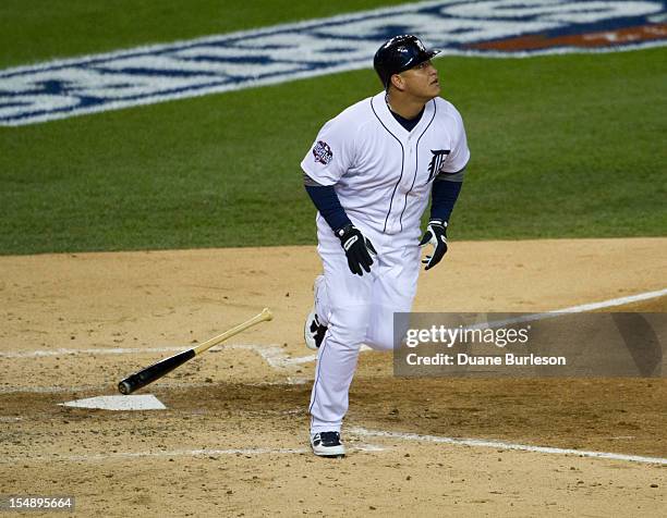 Miguel Cabrera of the Detroit Tigers hits a two run home run in the bottom of the second inning of Game 4 of the 2012 World Series against the San...