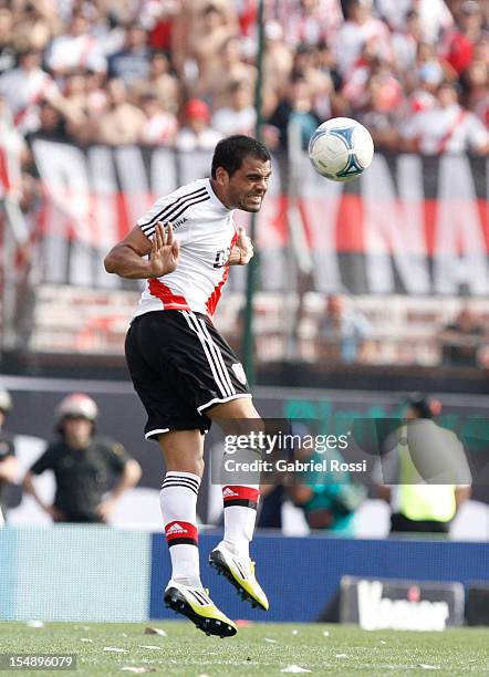 Mercado of River Plarte in action during a match between Boca Juniors and River Plate as part of the Torneo Inicial 2012 at Antonio Vespucio Liberti...