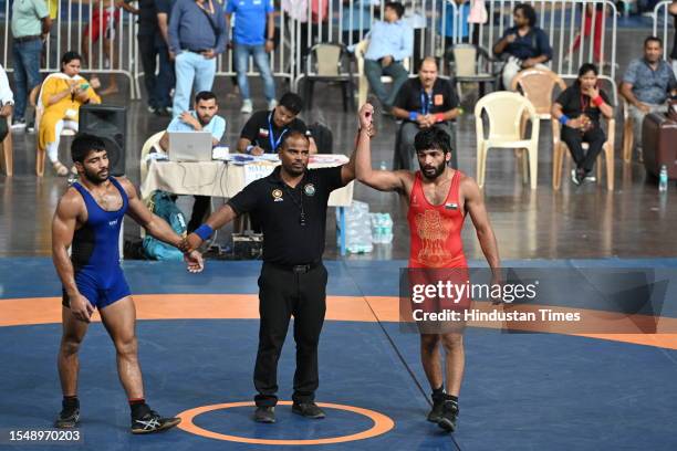 Vishal Kaliraman wins men's 65kg category match during the Asian Games 2023 wrestling trials, at IGI stadium, on July 23, 2023 in New Delhi, India.