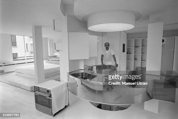 July 31 the fashion designer Andre Courreges in his apartment in Neuilly-sur-Seine, on the occasion of his winter collection 1969-1970, Architect, he...
