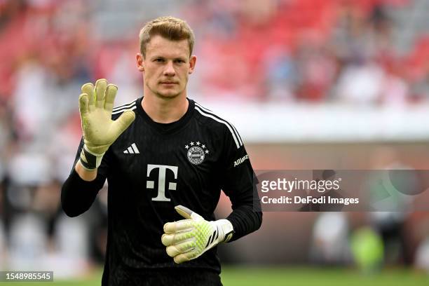 Goalkeeper Alexander Nuebel of Bayern Muenchen gestures during the team presentation of FC Bayern München at Allianz Arena on July 23, 2023 in...