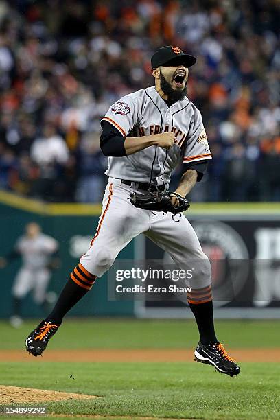 Sergio Romo of the San Francisco Giants celebrates striking out Miguel Cabrera of the Detroit Tigers in the tenth inning to win Game Four of the...