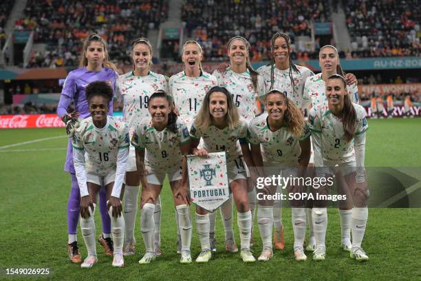 Portugal Women soccer team pose for a group photo during the FIFA Women's World Cup 2023 match between Netherlands and Portugal at Dunedin Stadium....