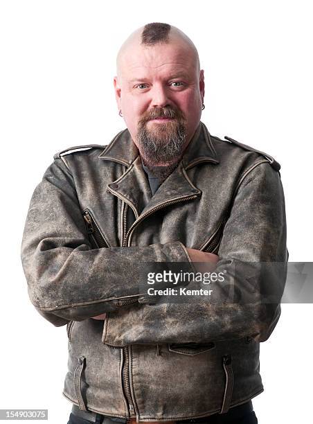 biker with arms crossed - cool man leather stock pictures, royalty-free photos & images