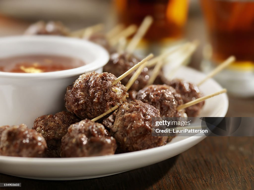 Meatball Appetizers with a Couple of Beers