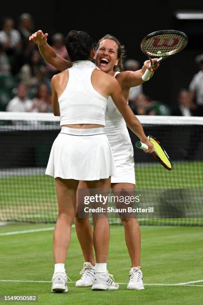Su-Wei Hsieh of Chinese Taipei and Barbora Strycova of Czech Republic celebrate winning match point in the Women's Doubles Final match against Storm...