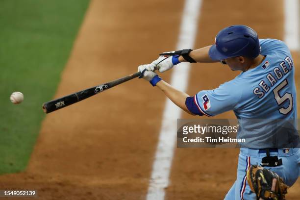 Corey Seager of the Texas Rangers bats in the fifth inning against the Cleveland Guardians at Globe Life Field on July 16, 2023 in Arlington, Texas.