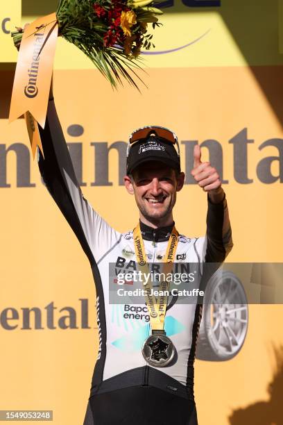 Wout Poels of Netherlands and Bahrain Victorious celebrates during the podium ceremony winning stage fifteen of the 110th Tour de France 2023, a...