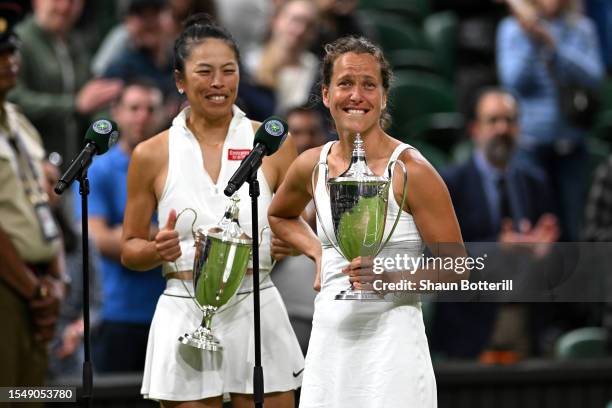 Su-Wei Hsieh of Chinese Taipei and Barbora Strycova of Czech Republic are interviewed with their Women's Doubles Trophies following the Women's...