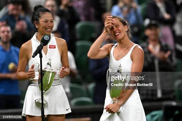 Su-Wei Hsieh of Chinese Taipei and Barbora Strycova of Czech Republic are interviewed with their Women's Doubles Trophies following the Women's...