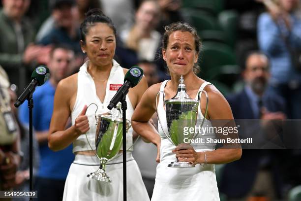 Su-Wei Hsieh of Chinese Taipei and Barbora Strycova of Czech Republic are interviewed with their Women's Doubles Trophies following the Women's...