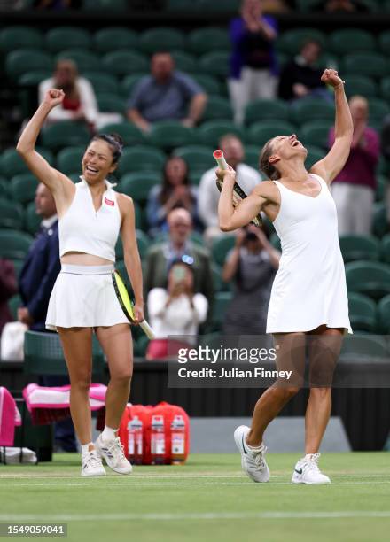 Su-Wei Hsieh of Chinese Taipei and Barbora Strycova of Czech Republic celebrate victory in the Women's Doubles Final match against Storm Hunter of...
