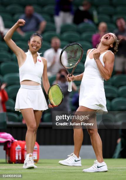 Su-Wei Hsieh of Chinese Taipei and Barbora Strycova of Czech Republic celebrate victory in the Women's Doubles Final match against Storm Hunter of...