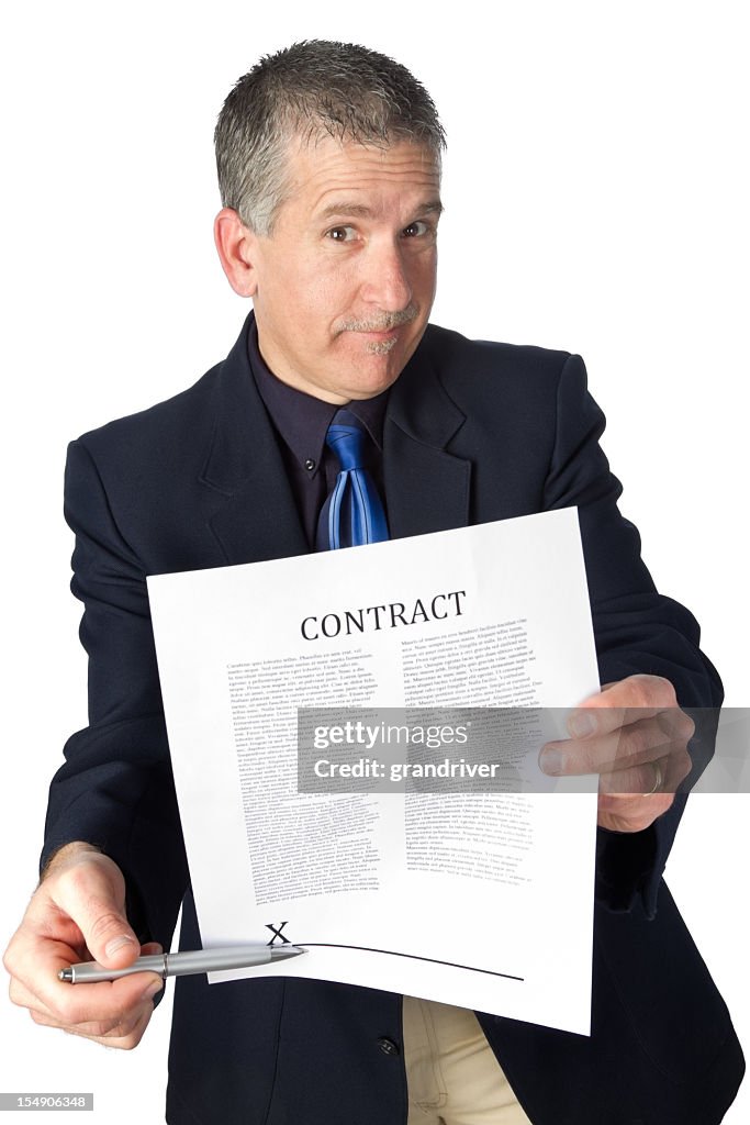 Pushy Salesman with Contract Isolated on White