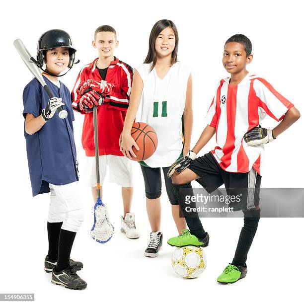 children in sports attire - isolated - sports equipment stock pictures, royalty-free photos & images