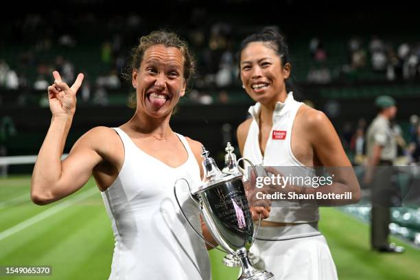 Barbora Strycova of Czech Republic and Su-Wei Hsieh of Chinese Taipei with their Women's Doubles Trophies following victory in the Women's Doubles...