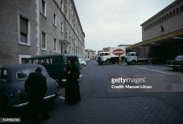 Italy, Rome, May 1969, illustration of the Vatican, A truck of the company Pantanella pasta maker parking for delivery .