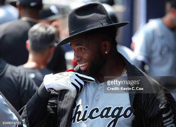 Luis Robert Jr. #88 of the Chicago White Sox reacts after hitting a two-run homer in the sixth inning against the Atlanta Braves at Truist Park on...