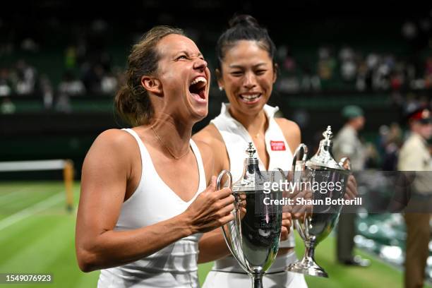 Barbora Strycova of Czech Republic and Su-Wei Hsieh of Chinese Taipei with their Women's Doubles Trophies following victory in the Women's Doubles...
