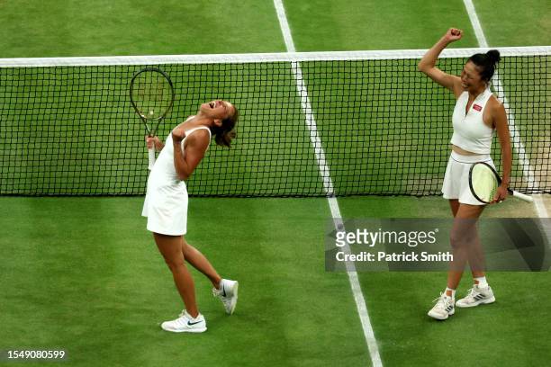 Su-Wei Hsieh of Chinese Taipei and Barbora Strycova of Czech Republic celebrate winning Championship Point in the Women's Doubles Final match against...
