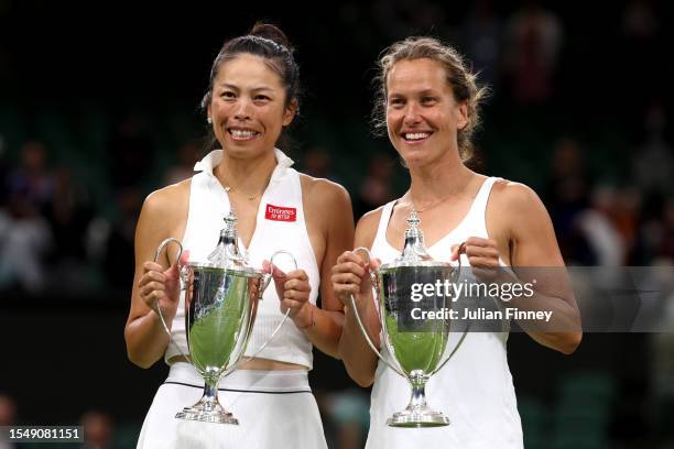 Su-Wei Hsieh of Chinese Taipei and Barbora Strycova of Czech Republic with their Women's Doubles Trophies following victory in the Women's Doubles...