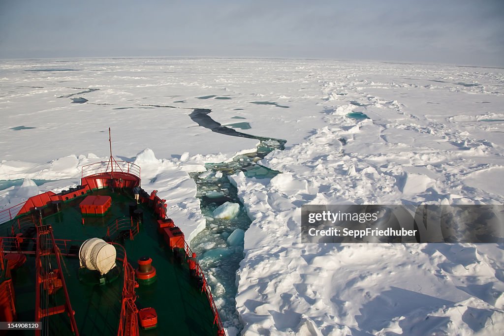 Ship trying to get through frozen Arctic Ocean