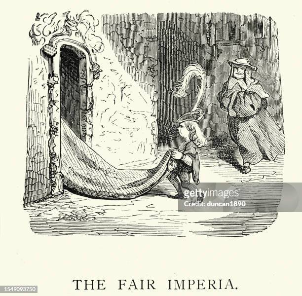 fair imperia, la belle impéria, enters her house, les cent contes drolatiques, droll stories by honoré de balzac - ring bearer stock illustrations