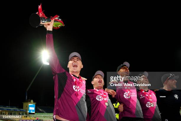 Tom Banton of Somerset celebrates victory after during the Vitality Blast T20 Final between Essex Eagles and Somerset at Edgbaston on July 15, 2023...
