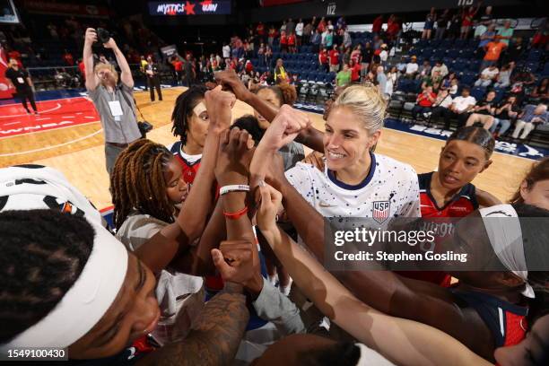 Washington Mystics huddle up after the win against the Phoenix Mercury on July 23, 2023 at Entertainment and Sports Arena in Washington, D.C. NOTE TO...