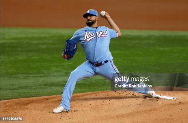 Martin Perez of the Texas Rangers pitches against the Los Angeles Dodgers during the first inning of the game at Globe Life Field on July 23, 2023 in...